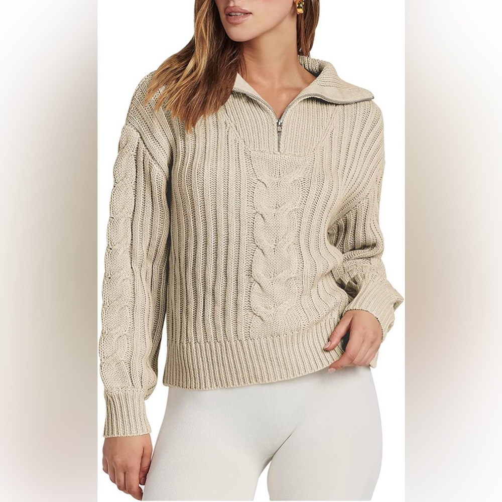 Women's 2022 FallWinter Long Sleeve 1/4 Zipper Collared Casual Chunky Cable Knt